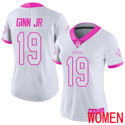 New Orleans Saints Limited White Pink Women Ted Ginn Jr Jersey NFL Football #19 Rush Fashion Jersey